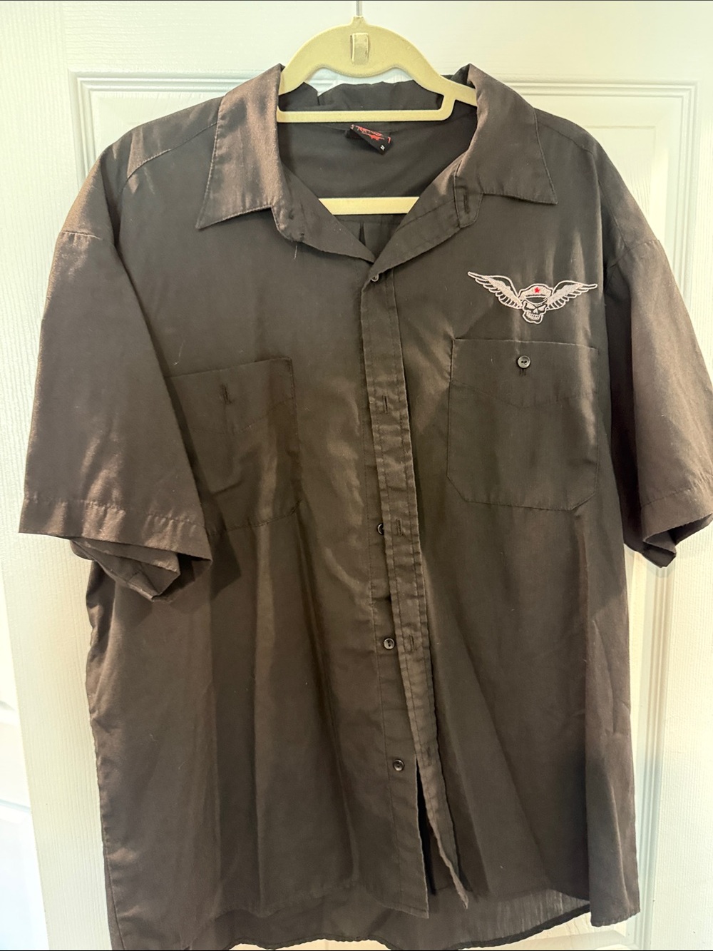 2XL RockSteady Short-Sleeve Black Button-Up Shirt with Embroidered skull Logo